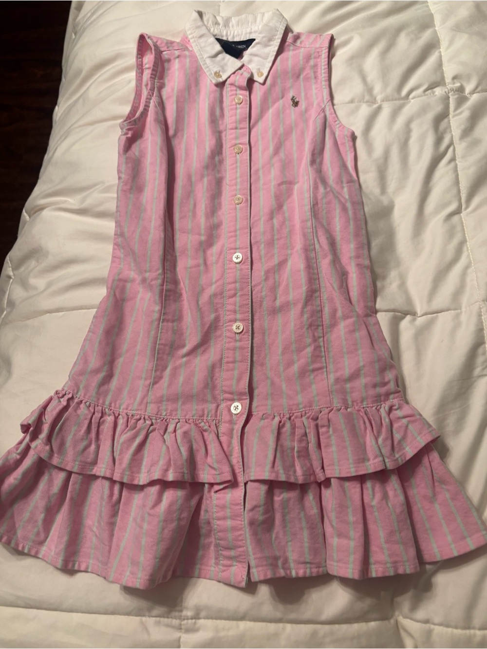 Ralph Lauren Pink and Light Blue Striped Sleeveless Ruffle Dress